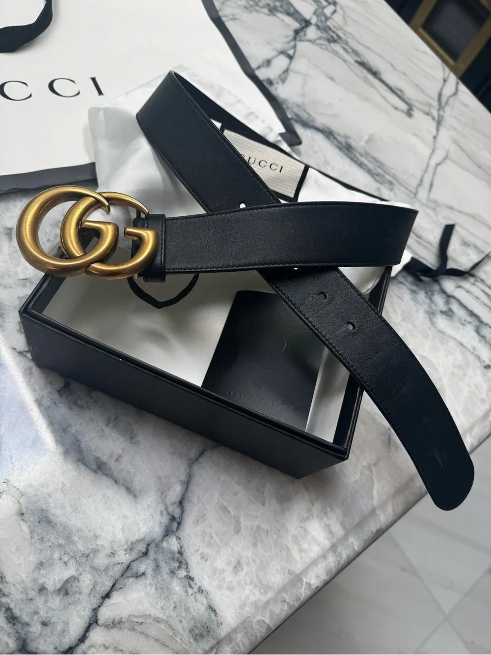 Gucci Black Leather Marmont Wide Belt with Gold Double G Logo Buckle